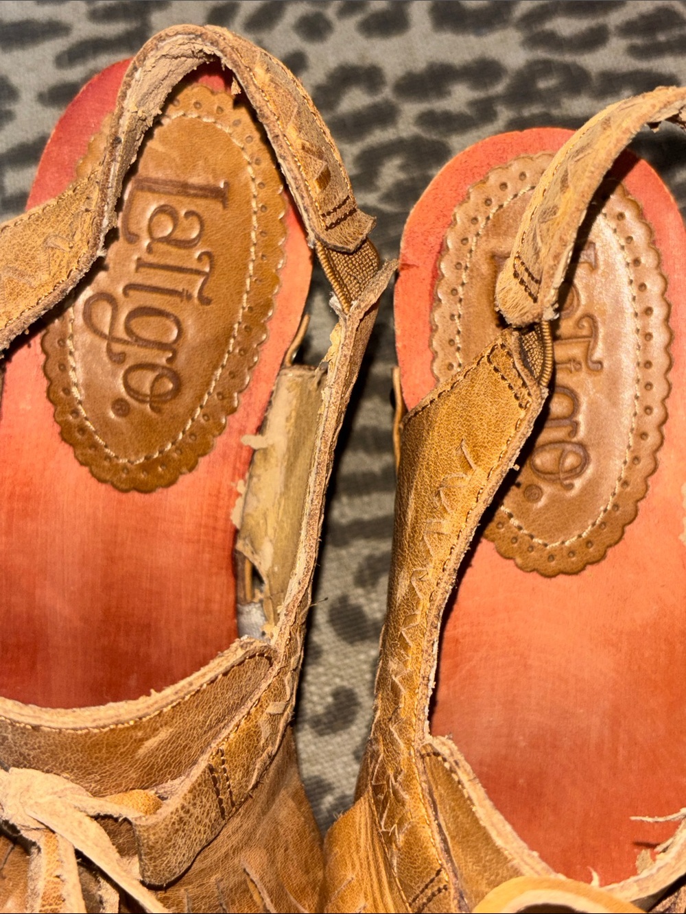 Latigo tan leather lace platform mule western fringe round toe wood heel size 7 - Picture 12 of 14